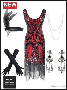 1920s Sequin Beaded Tassel Flapper Dress with Accessories Set